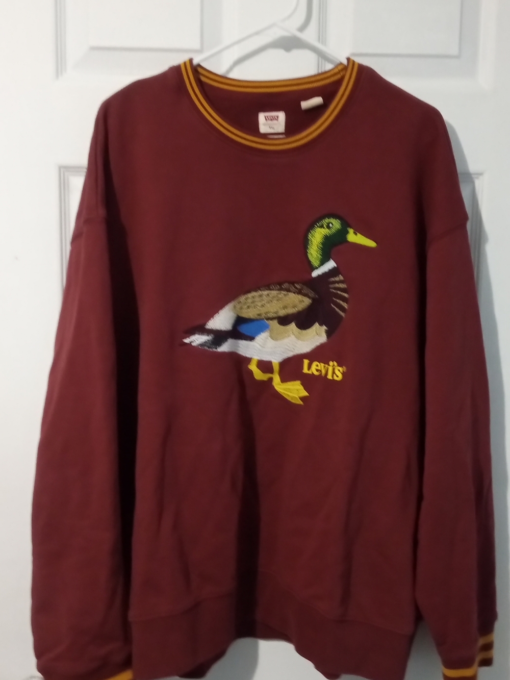 Levi's Rare Vintage Maroon Sweatshirt with Duck Embroidery and Yellow Trim